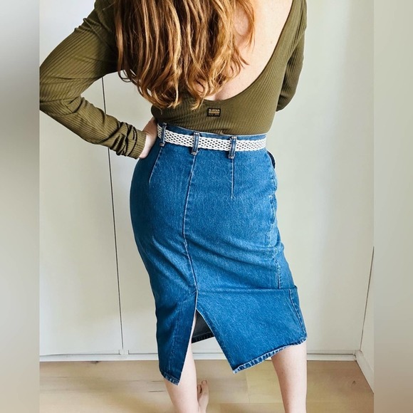 Y2K Denim Pencil Skirt Midi Length Pocket Medium wash Size 10 Made in USA - Picture 7 of 8